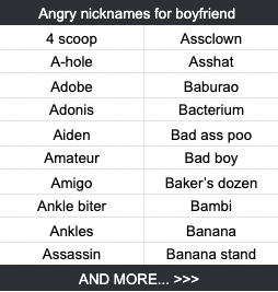 Angry nicknames for boyfriend  4 scoop	Assclown A-hole	Asshat Adobe	Baburao Adonis	Bacterium Aiden	Bad ass poo Amateur	Bad boy Amigo	Baker’s dozen Ankle biter	Bambi Ankles	Banana Assassin	Banana stand