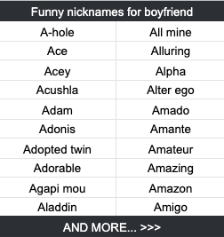 Funny nicknames for boyfriend A-hole All mine Ace Alluring Acey Alpha Acushla Alter ego Adam Amado Adonis Amante Adopted twin Amateur Adorable Amazing Agapi mou Amazon Aladdin Amigo