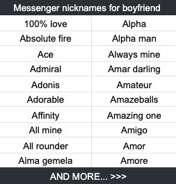 Messenger nicknames for boyfriend 100% love Alpha Absolute fire Alpha man Ace Always mine Admiral Amar darling Adonis Amateur Adorable Amazeballs Affinity Amazing one All mine Amigo All rounder Amor Alma gemela Amore