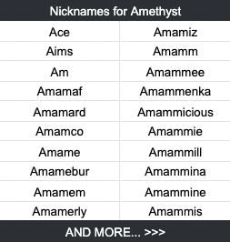 Nicknames for Amethyst Ace Amamiz Aims Amamm Am Amammee Amamaf Amammenka Amamard Amammicious Amamco Amammie Amame Amammill Amamebur Amammina Amamem Amammine Amamerly Amammis