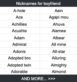 Nicknames for boyfriend A-hole Aein Ace Agapi mou Achillies Ahuva Acushla Alamea Adam Albear Admiral All mine Adonis All-star Adopted bro Alluring Adopted twin Almighty Adorable Almond