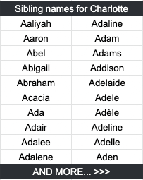 Sibling names for Charlotte Aaliyah Adaline Aaron Adam Abel Adams Abigail Addison Abraham Adelaide Acacia Adele Ada Adèle Adair Adeline Adalee Adelle Adalene Aden