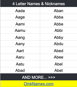 4 Letter Names and Nicknames - AadaAban Aage Abba Aami Abbe Aamu Abbi Aang Abby Aany Abdu Aart Abed Aaru Abee Aatu Abel Abad Abet