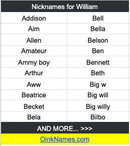 Nicknames for William Addison Bell Aim Bella Allen Belson Amateur Ben Ammy boy Bennett Arthur Beth Aww Big w Beatrice Big will Becket Big willy Bela Bilbo