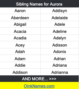 Sibling Names for AuroraAaron Addisyn Aberdeen Adelaide Abigail Adele Acacia Adeline Acadia Adelyn Acey Adisson Adah Adonis Adam Adrian Addie Adriana Addison Adrianna