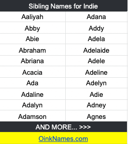 Sibling Names for IndieAaliyah Adana Abby Addy Abie Adela Abraham Adelaide Abriana Adele Acacia Adeline Ada Adelyn Adaline Adie Adalyn Adney Adamson Agnes