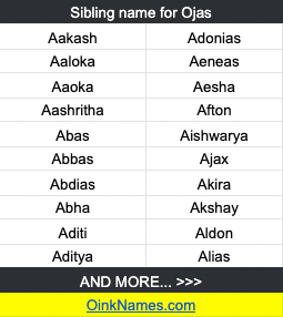 Sibling name for OjasAakash Adonias Aaloka Aeneas Aaoka Aesha Aashritha Afton Abas Aishwarya Abbas Ajax Abdias Akira Abha Akshay Aditi Aldon Aditya Alias