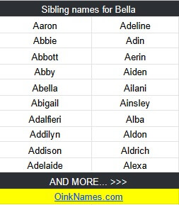 Sibling names for BellaAaron Adeline Abbie Adin Abbott Aerin Abby Aiden Abella Ailani Abigail Ainsley Adalfieri Alba Addilyn Aldon Addison Aldrich Adelaide Alexa