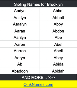 Sibling Names for BrooklynAadyn Abbot Aaidyn Abbott Aaralyn Abby Aaran Abdon Aarilyn Abe Aaron Abel Aarron Abell Aaryn Abey Ab Abida Abaddon Abidah