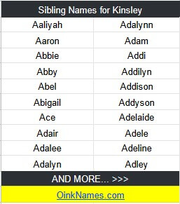Sibling Names for KinsleyAaliyah Adalynn Aaron Adam Abbie Addi Abby Addilyn Abel Addison Abigail Addyson Ace Adelaide Adair Adele Adalee Adeline Adalyn Adley