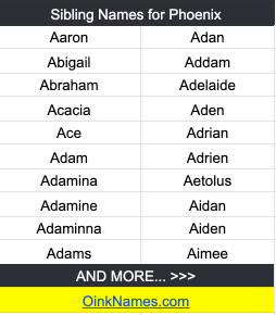 Sibling Names for PhoenixAaron Adan Abigail Addam Abraham Adelaide Acacia Aden Ace Adrian Adam Adrien Adamina Aetolus Adamine Aidan Adaminna Aiden Adams Aimee