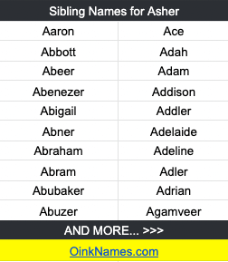 Sibling Names for AsherAaron Ace Abbott Adah Abeer Adam Abenezer Addison Abigail Addler Abner Adelaide Abraham Adeline Abram Adler Abubaker Adrian Abuzer Agamveer