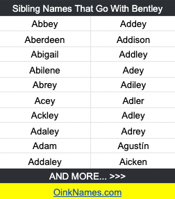 Sibling Names That Go With BentleyAbbey	Addey
Aberdeen	Addison
Abigail	Addley
Abilene	Adey
Abrey	Adiley
Acey	Adler
Ackley	Adley
Adaley	Adrey
Adam	Agustín
Addaley	Aicken