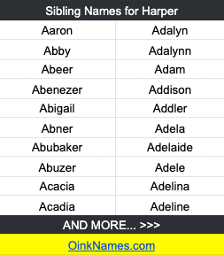 Sibling Names for HarperAaron Adalyn
Abby Adalynn
Abeer Adam
Abenezer Addison
Abigail Addler
Abner Adela
Abubaker Adelaide
Abuzer Adele
Acacia Adelina
Acadia Adeline