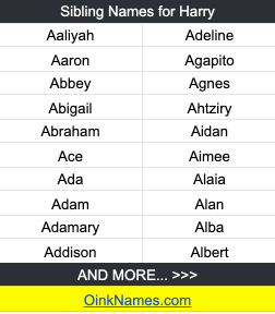 Sibling Names for HarryAaliyah Adeline Aaron Agapito Abbey Agnes Abigail Ahtziry Abraham Aidan Ace Aimee Ada Alaia Adam Alan Adamary Alba Addison Albert