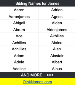 Sibling Names for JamesAaron Adrian
Aaronjames Agnes
Abigail Aiden
Abram Aidenjames
Ace Akhilles
Achilles Alaina
Achillies Alan
Adam Alastair
Adele Albert
Adeline Albus
