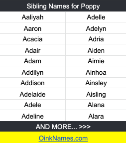Sibling Names for PoppyAaliyah Adelle Aaron Adelyn Acacia Adria Adair Aiden Adam Aimie Addilyn Ainhoa Addison Ainsley Adelaide Aisling Adele Alana Adeline Alara