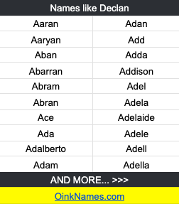 Names like DeclanAaran Adan Aaryan Add Aban Adda Abarran Addison Abram Adel Abran Adela Ace Adelaide Ada Adele Adalberto Adell Adam Adella