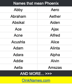 Names that mean PhoenixAbby Aero
Abraham Aether
Absikal Aiden
Ace Ajax
Acne Alfred
Acushla Alice
Adam Alinta
Adara Alpha
Addie Alvin
Aella Amszas